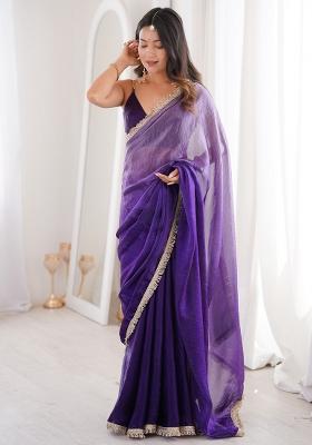 Purple Solid Satin Saree Set