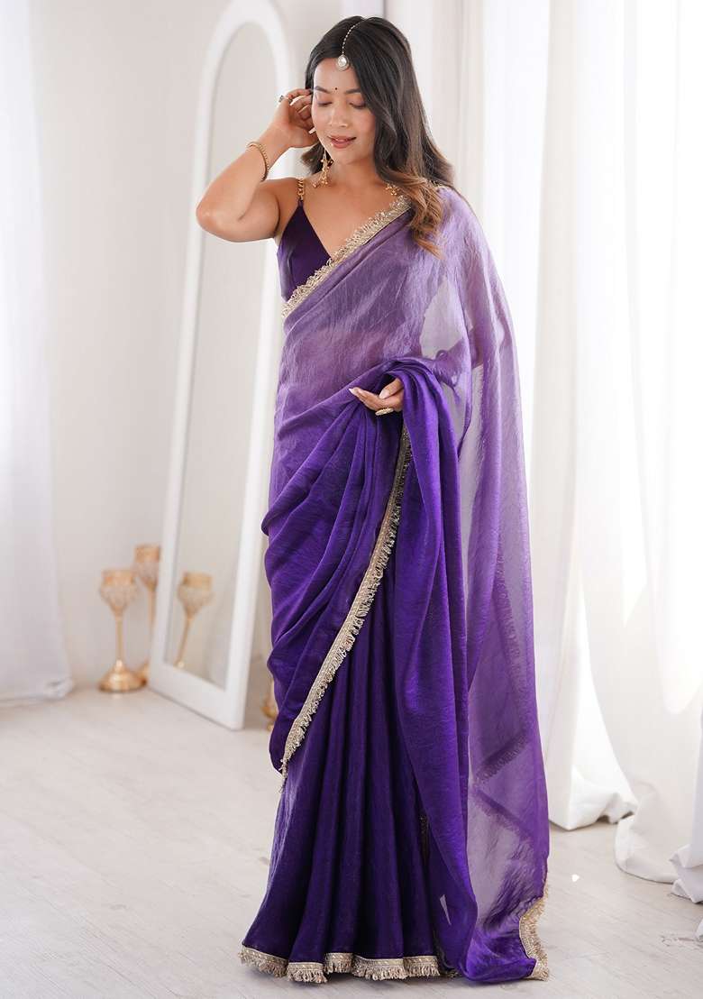 Purple Solid Satin Saree Set for Diwali | Wedding & Festive Wear - Indya