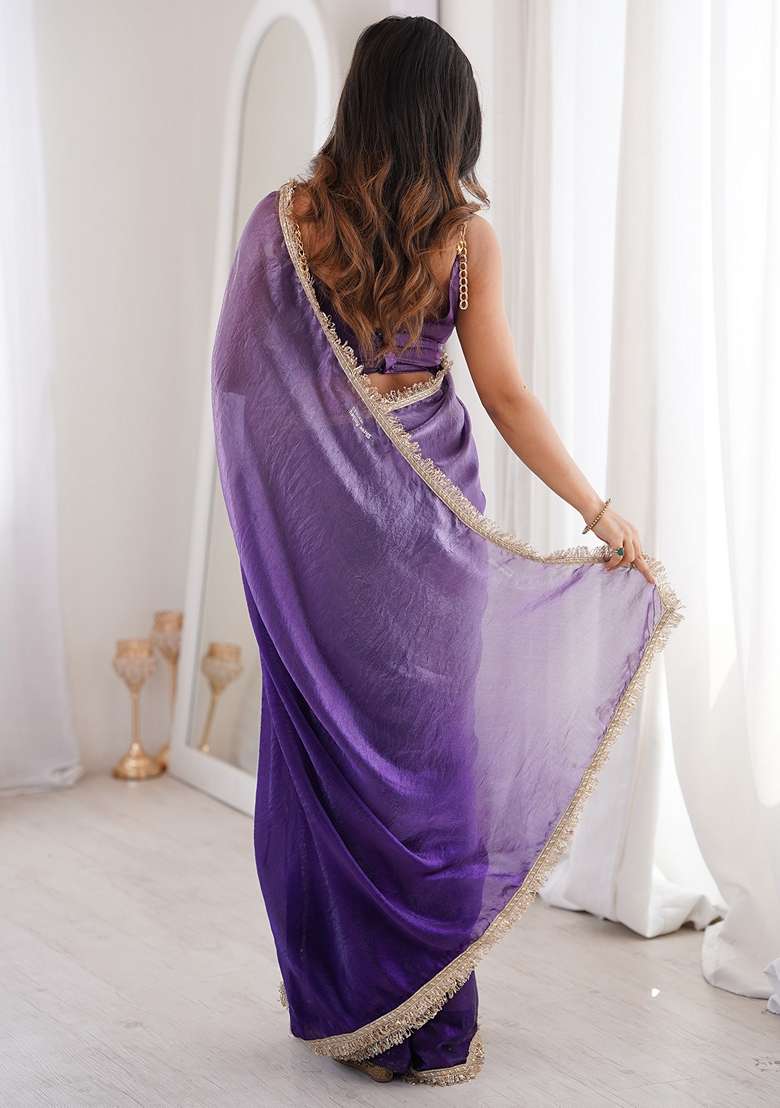 Purple Solid Satin Saree Set for Diwali | Wedding & Festive Wear - Indya