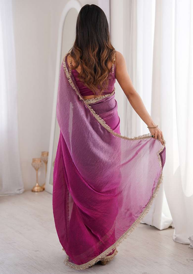 Magenta Solid Satin Saree Set for Diwali | Wedding & Festive Wear - Indya