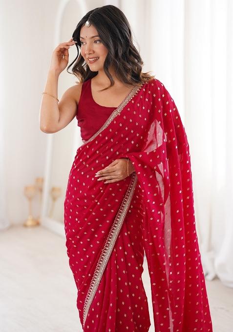 Red Embellished Silk Saree Set