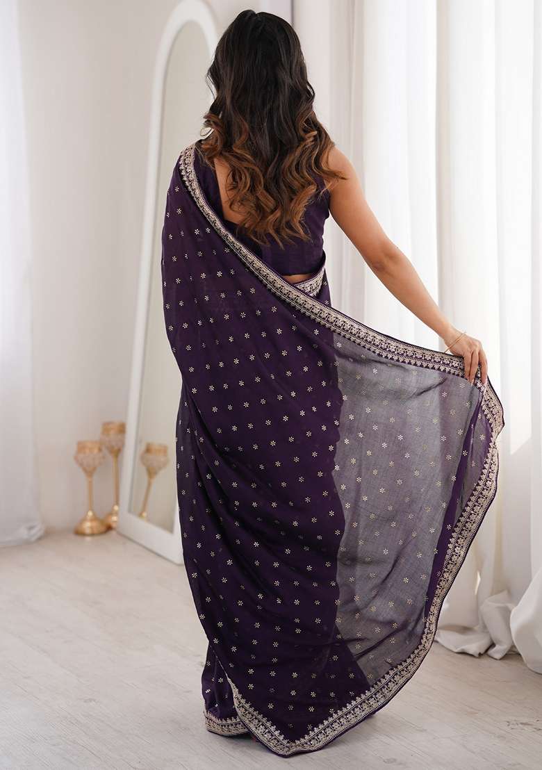 Wine Embellished Silk Blend Saree Set for Diwali | Wedding & Festive Wear - Indya