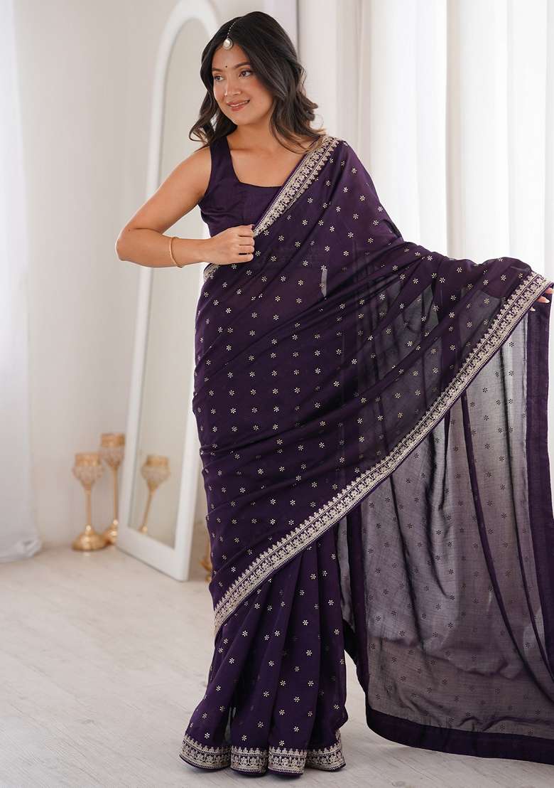 Wine Embellished Silk Blend Saree Set for Diwali | Wedding & Festive Wear - Indya