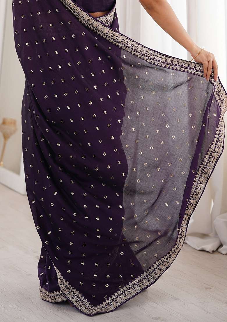 Wine Embellished Silk Blend Saree Set for Diwali | Wedding & Festive Wear - Indya