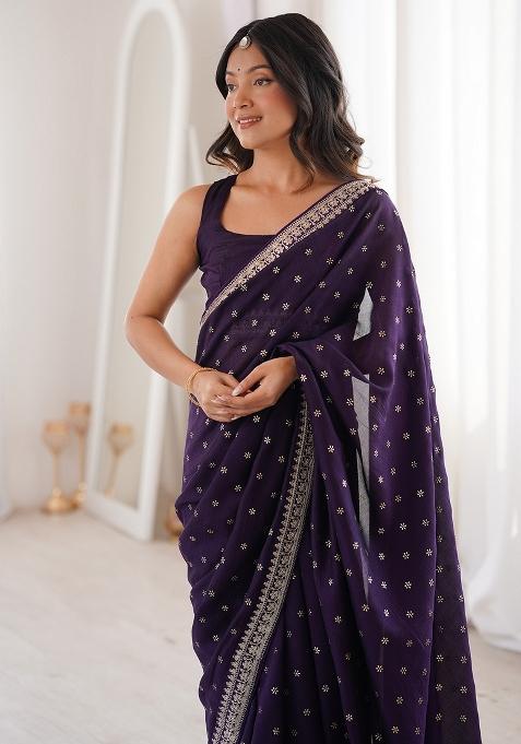 Wine Embellished Silk Saree Set — view on Indya