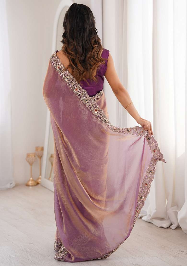 Purple Embellished Satin Saree Set for Diwali | Wedding & Festive Wear - Indya