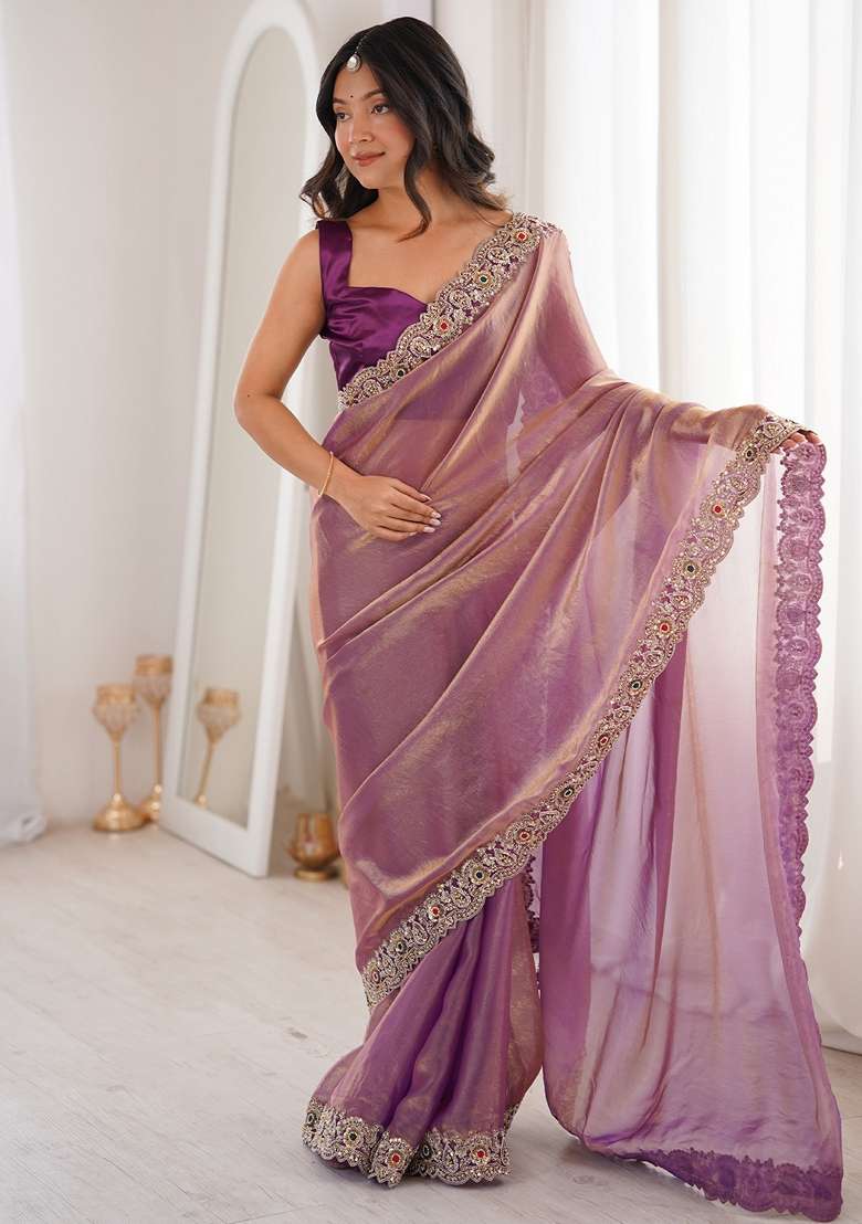 Purple Embellished Satin Saree Set for Diwali | Wedding & Festive Wear - Indya