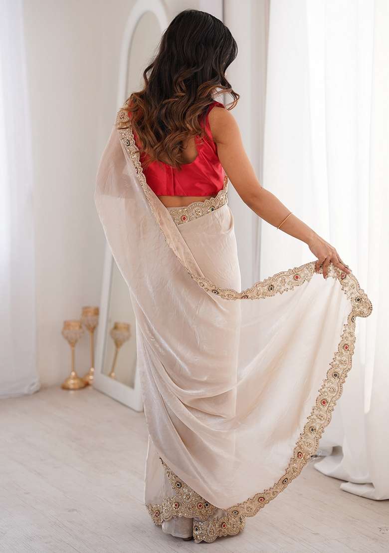 Off White Embellished Satin Saree Set for Diwali and Festive Wear - Indya