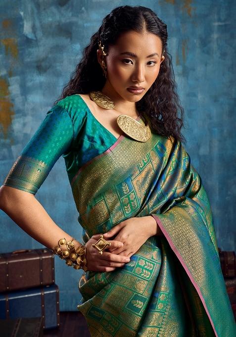 Teal Green Woven Design Silk Saree Set — view on Indya