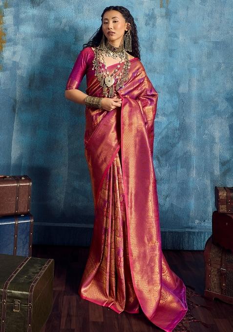 Magenta Woven Design Silk Saree Set