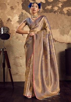 Beige Woven Design Silk Blend Saree Set