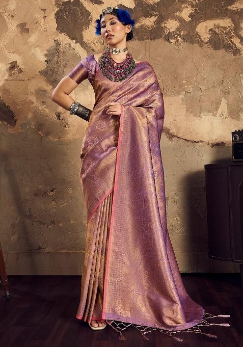 Mauve Woven Design Silk Saree Set — view on Indya