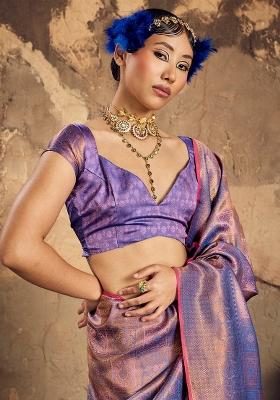 Lavender Woven Design Silk Blend Saree Set