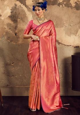 Peach Woven Design Silk Blend Saree Set