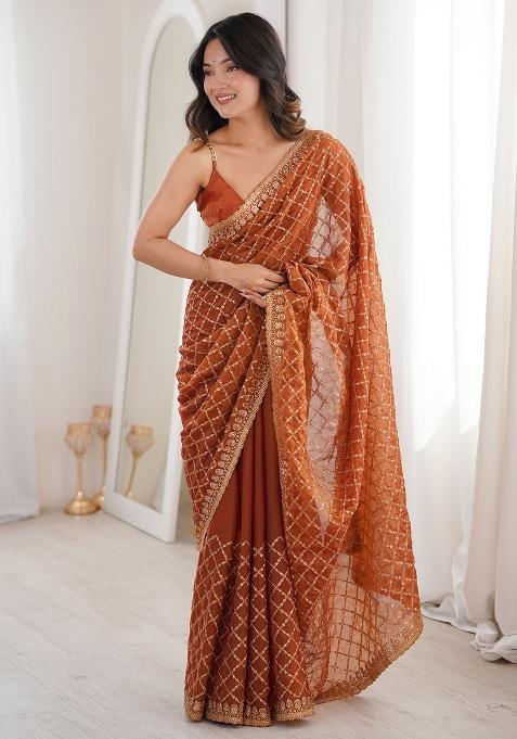 Rust Embellished Tissue Saree Set — view on Indya