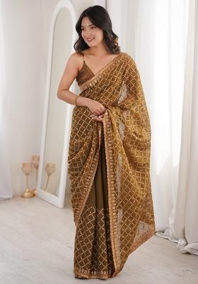 Olive Embellished Tissue Saree Set