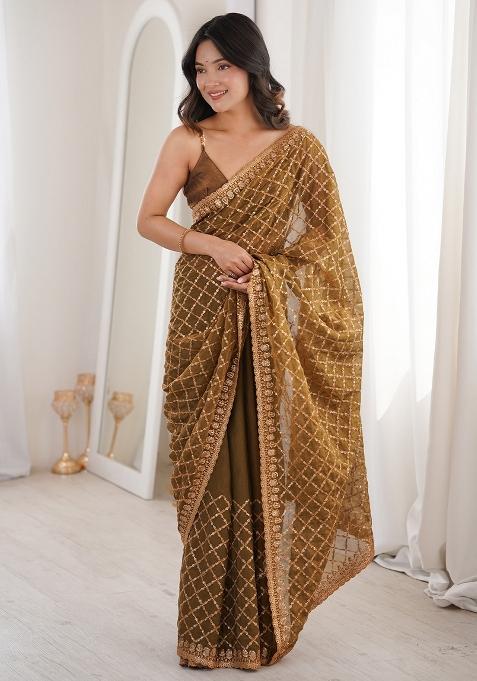 Olive Embellished Tissue Saree Set