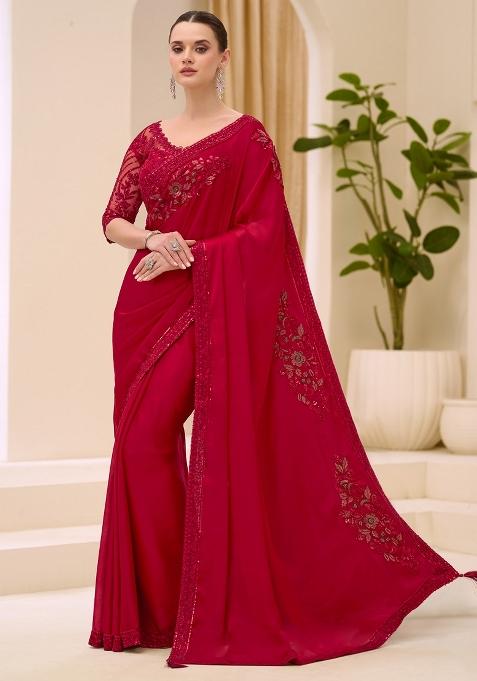 Red Embellished Satin Saree Set — view on Indya