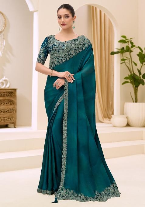 Teal Blue Embellished Satin Saree Set — view on Indya