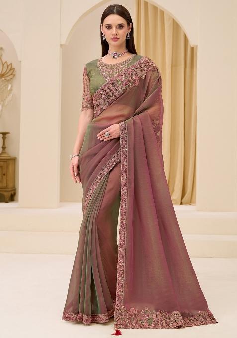 Mauve Embellished Tissue Saree Set