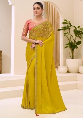 Lemon Yellow Embellished Satin Saree Set