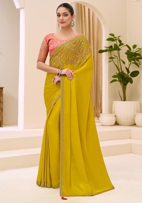 Lemon Yellow Embellished Satin Saree Set