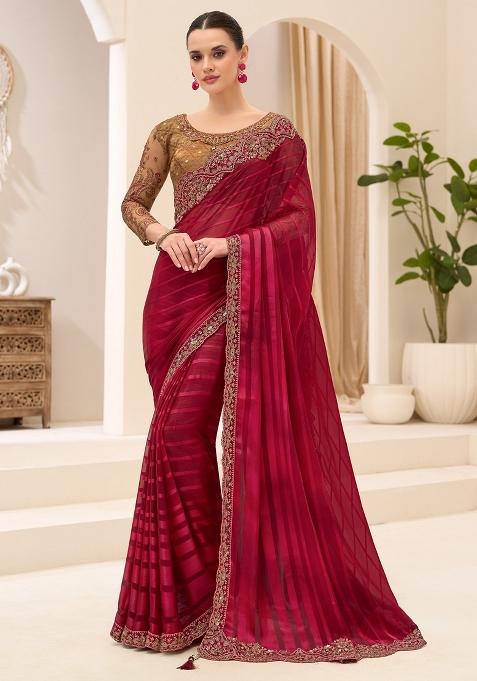 Maroon Embellished Satin Saree Set