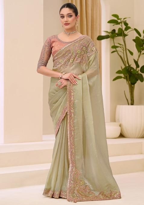 Light Green Embellished Tissue Saree Set