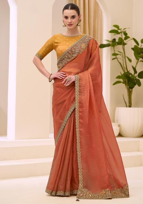 Rust Embellished Satin Saree Set — view on Indya