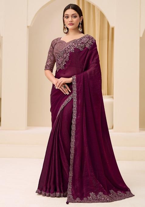 Wine Embellished Satin Saree Set