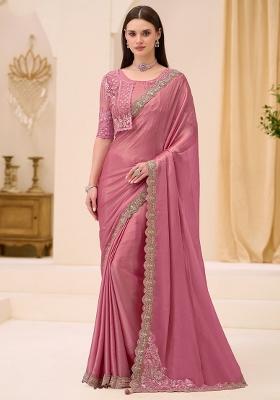 Pink Embellished Satin Saree Set