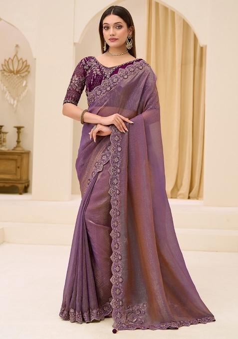 Lavender Embellished Tissue Saree Set — view on Indya