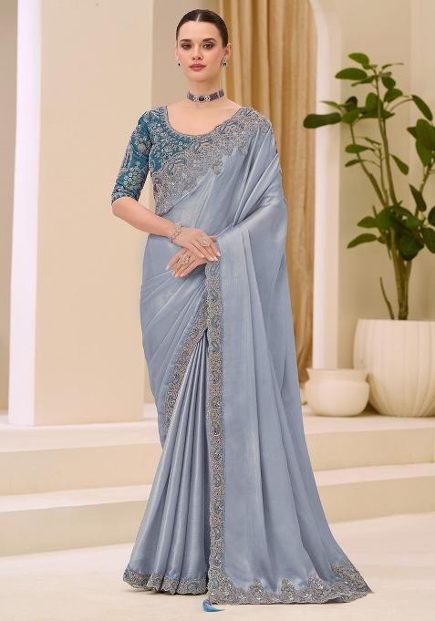 Light Blue Embellished Satin Saree Set
