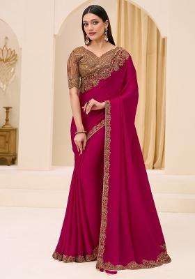 Pink Embellished Satin Saree Set