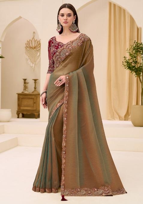 Green Embellished Tissue Saree Set — view on Indya
