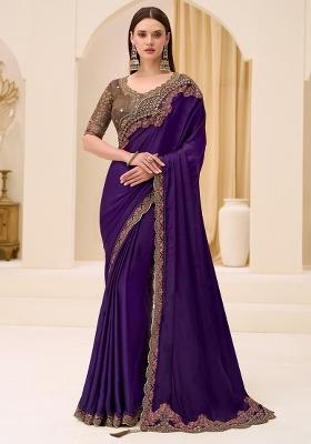 Purple Embellished Satin Saree Set