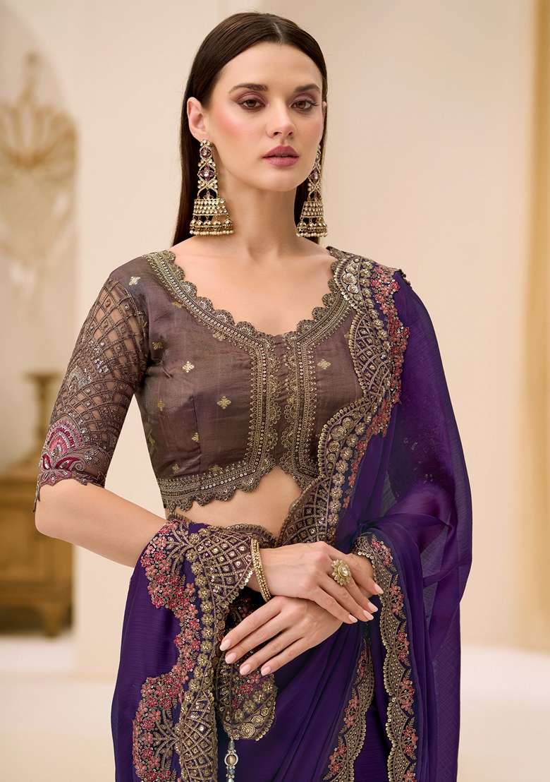 Purple Embellished Satin Saree Set - Indya