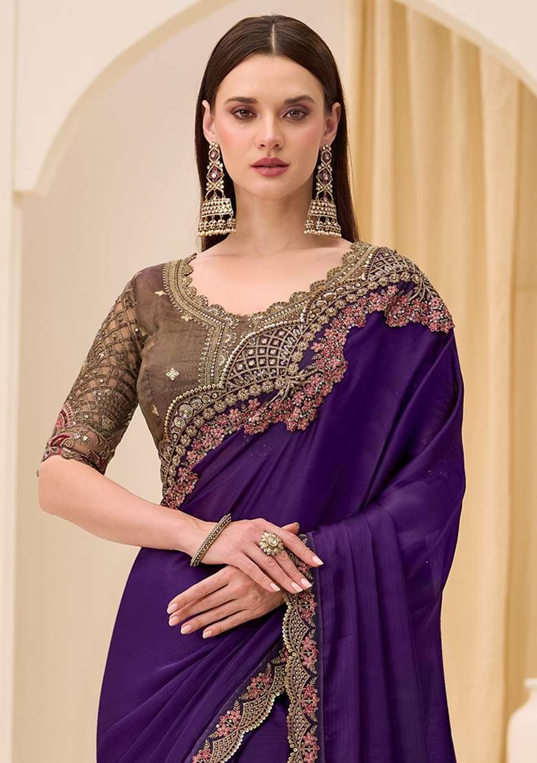 Purple Embellished Satin Saree Set - Indya