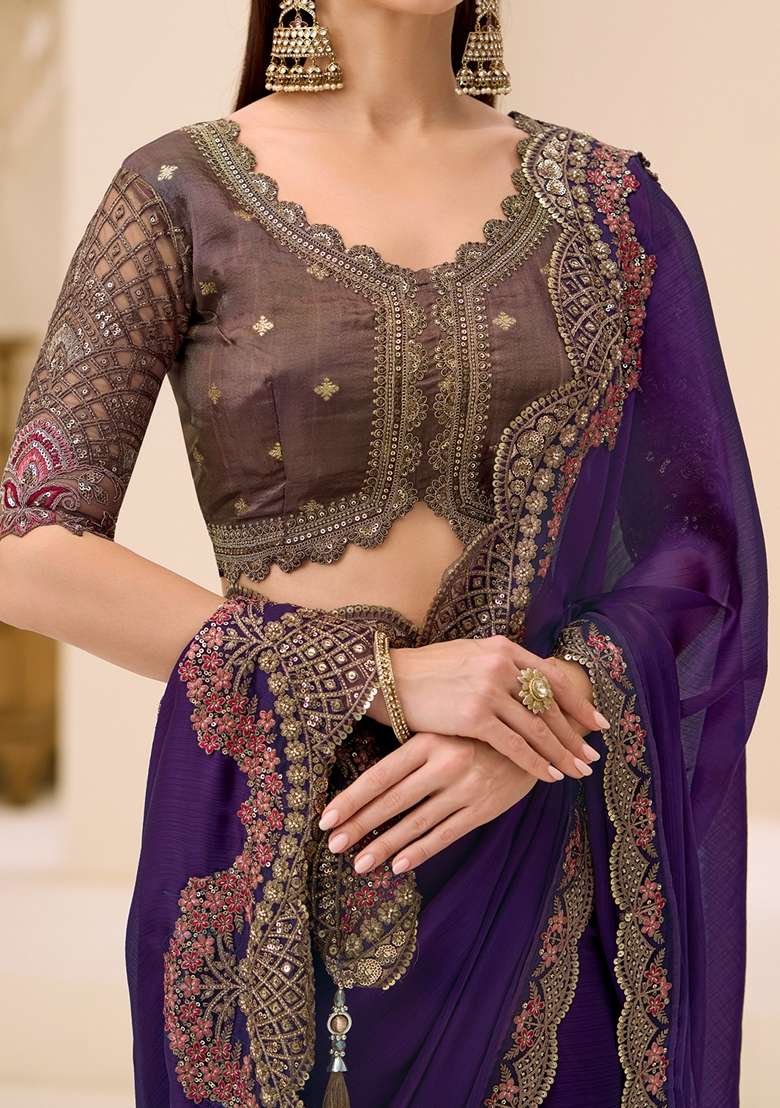 Purple Embellished Satin Saree Set - Indya