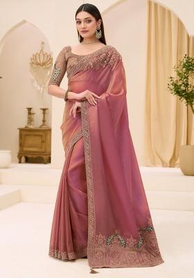 Rose Gold Embellished Satin Saree Set