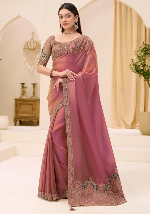 Rose Gold Embellished Satin Saree Set
