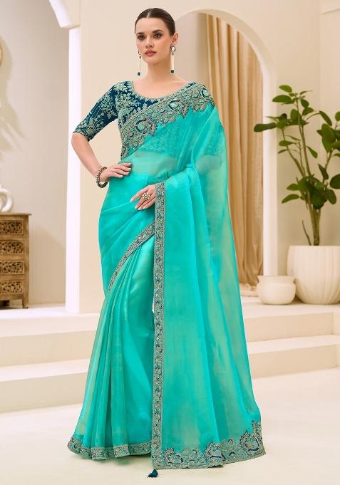 Turquoise Embellished Tissue Saree Set — view on Indya