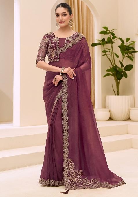 Burgundy Embellished Tissue Saree Set — view on Indya