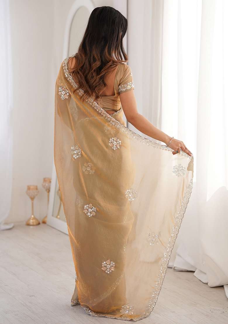 Golden Embellished Satin Saree Set - Indya