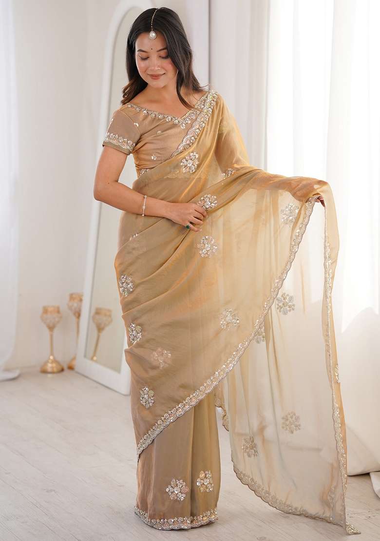Golden Embellished Satin Saree Set - Indya
