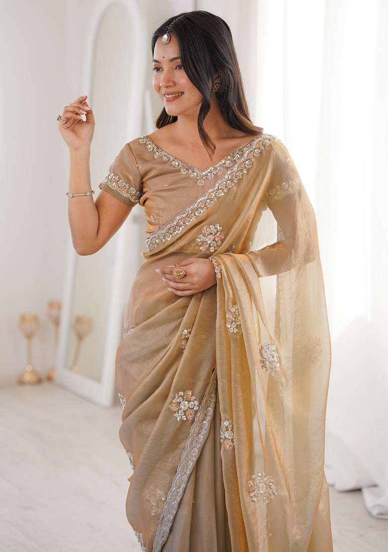 Golden Embellished Satin Saree Set - Indya