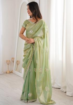 Sea Green Embellished Satin Saree Set