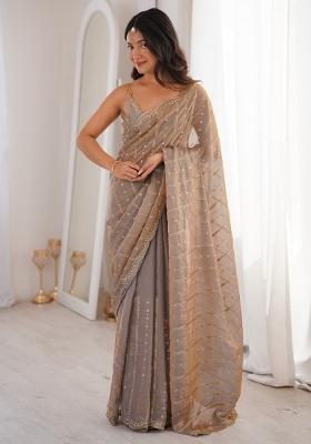 Beige Embellished Satin Saree Set