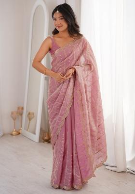 Pink Embellished Satin Saree Set