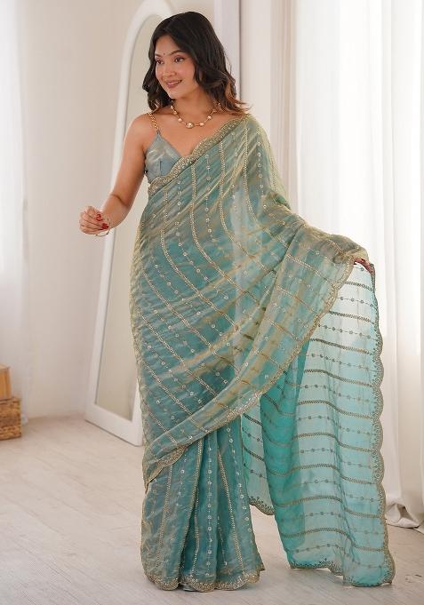 Light Blue Embellished Satin Saree Set